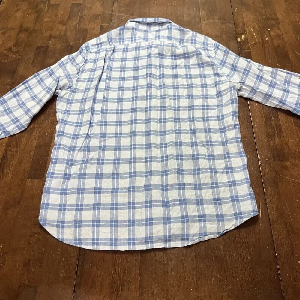 J‎ Crew Shirt Mens Large Blue Plaid Button Up Linen Casual Slim Lightweight